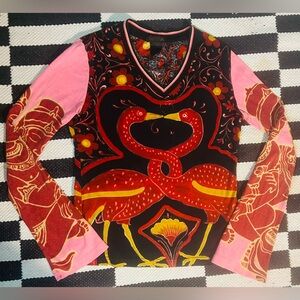 VTG Custo Barcelona Shirt Womens M Pink Y2K Asian Motif Crane 90s IndieSleeze